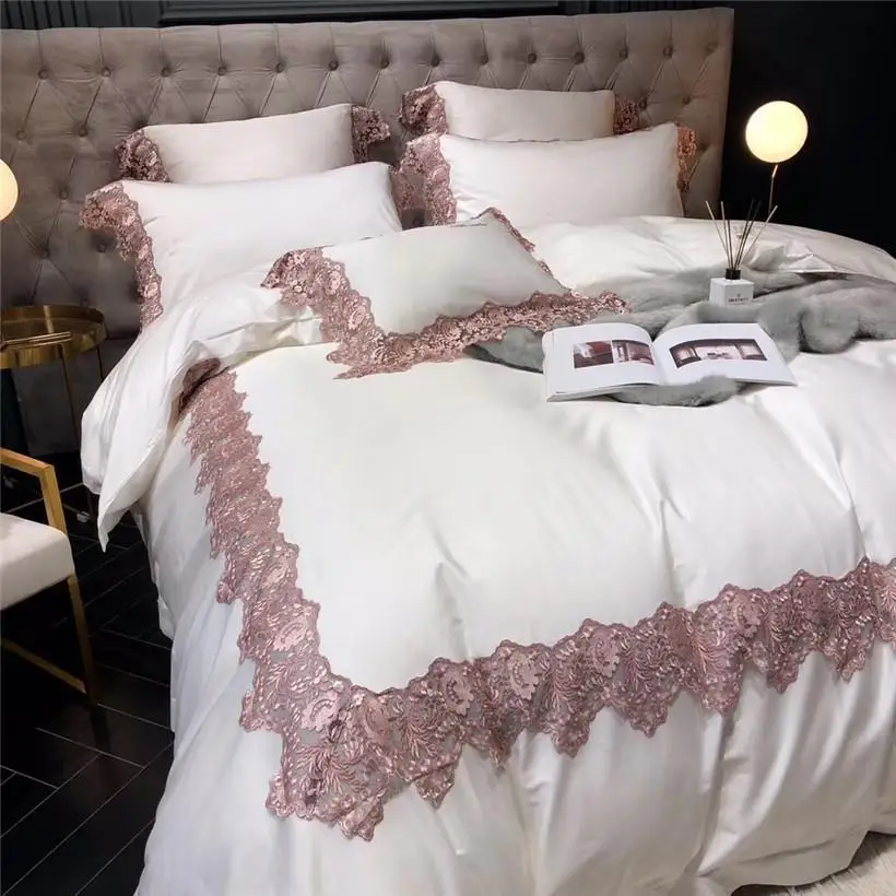 

Shabby Chic Wide Lace Duvet Cover High End Egyptian Cotton Princess Bedding Set 4/7Pcs Queen King size Soft Flat Bed sheets