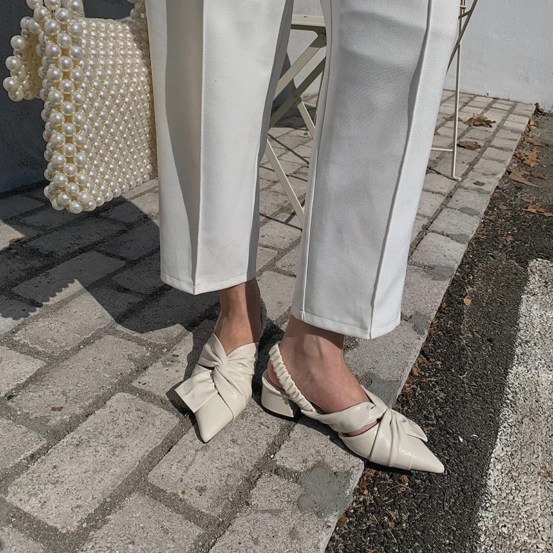

Pointed Toe Women Sandals Bow Candy Color Thick Mid Heels Flat Heeled Elastic Band Back Strap Fashion Slides Summer Dress Shoes