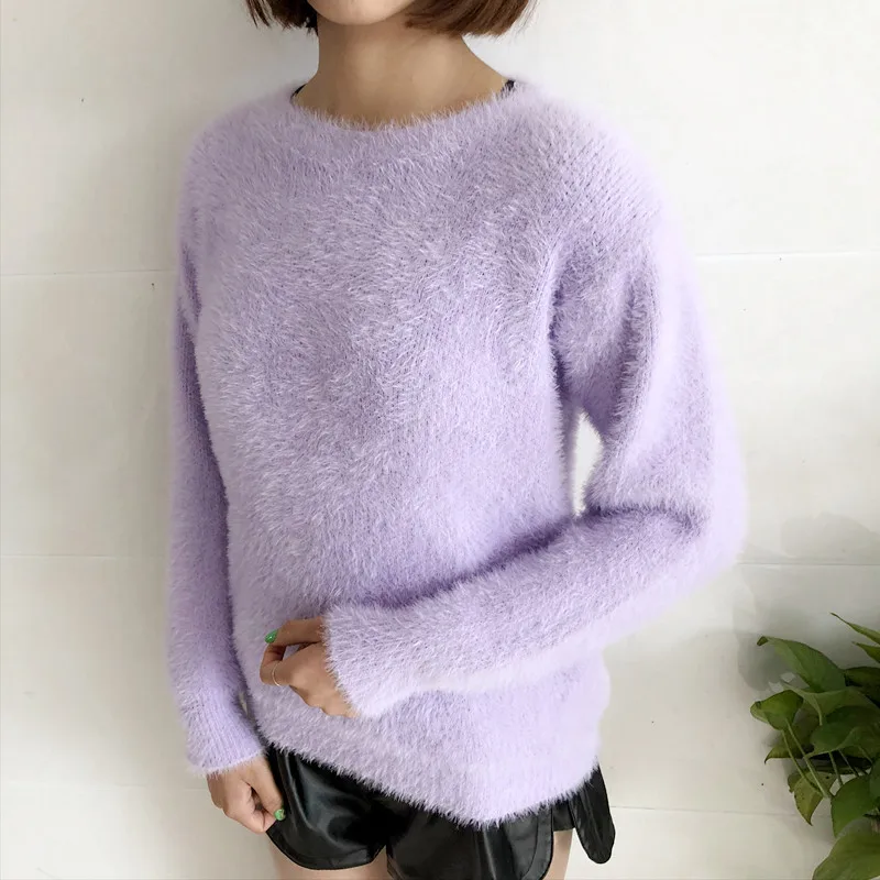 Женский свитер пуловер из мохера однотонный Повседневный свободный круглый