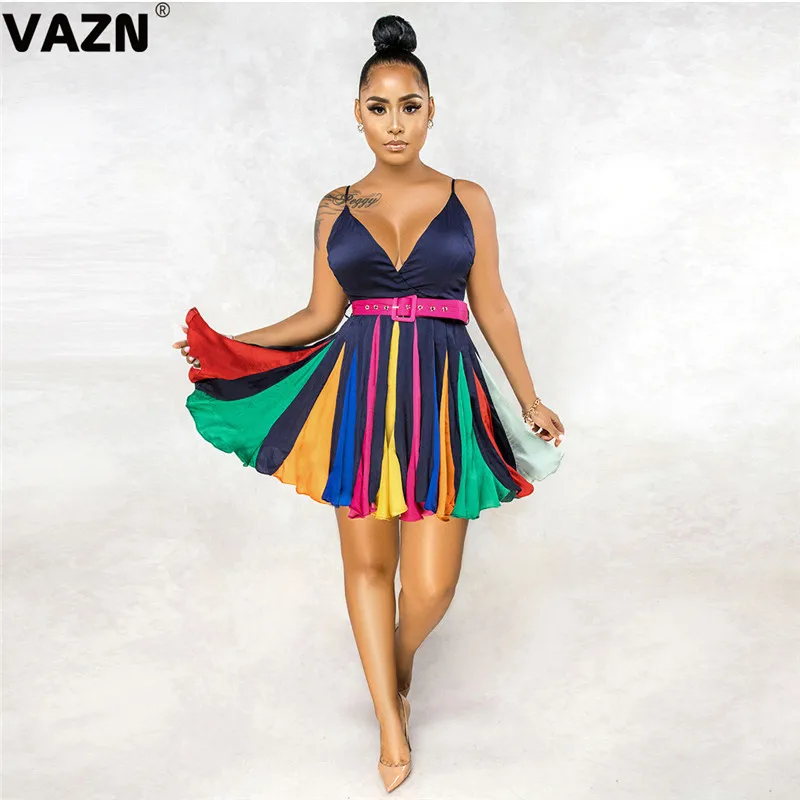 VAZN Striped Print Holiday V-neck A-line Party Street Night Club Sexy Slim Young Dress 2020 Sleeveless dress Lady | Женская одежда