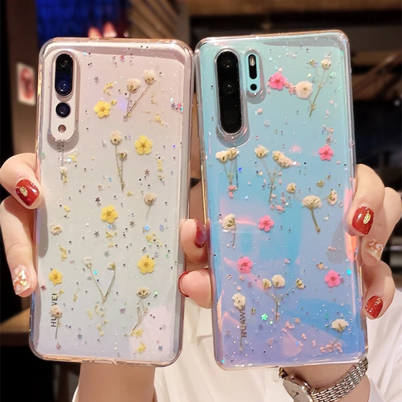 

Signalshin Dried Real Flower Glitter Phone Case For Huawei P40 Mate30 P30 P20 Honor 30 20P Nova 7 SE 6 5 4 e Pro Lite Soft Cover