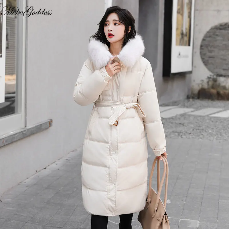 

Moko2020 Новая модная длинная парка с поясом и капюшоном, зимняя женская куртка, тонкое теплое пальто с меховым воротником, женское офисное паль...