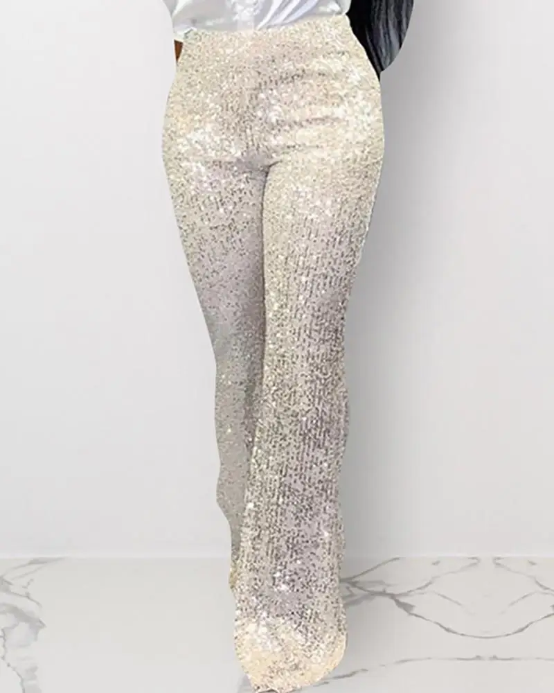 Sequins High Waist Wide Pants Woman Glitter Silver Black High Waist Trousers for Female Party Dance Flared Legs Pants - Color: Silver