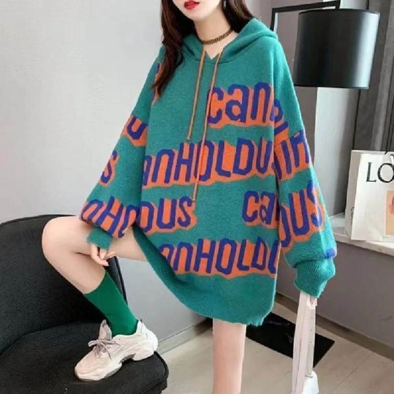 

2021 Autumn And Winter New Plus Fat Plus Size Women's Lazy Style Hooded Letters Comfortable Fine Knit Sweater Thickened Ladies