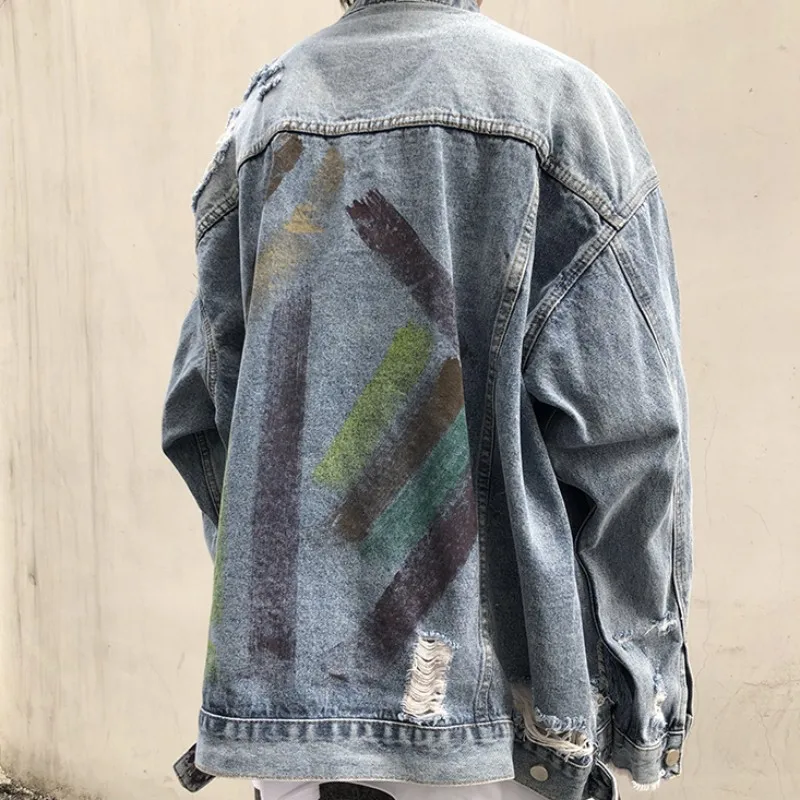 

Harajuku Mens Hip Hop Loose Denim Jacket Printed Baggy Hole Ripped Jeans Coat Streetwear Male Boyfriend Style Cowboy Jackets