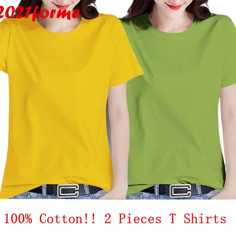 

Женская футболка Летняя футболка с короткими рукавами Топ 100% однотонная хлопковая Футболка 2021 в Корейском стиле Стиль для девушек-студенто...