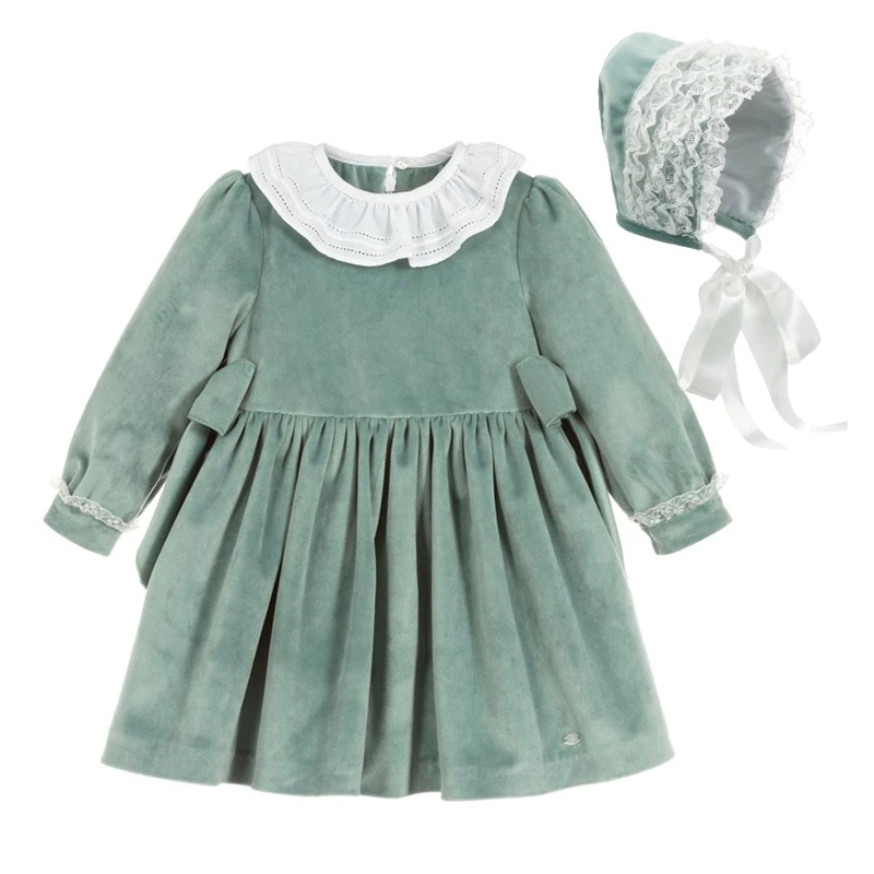 Spanish children's dress baby girl 1-5 years princess dresses hat cotton long sleeve green velvet for Autumn winter | Детская одежда