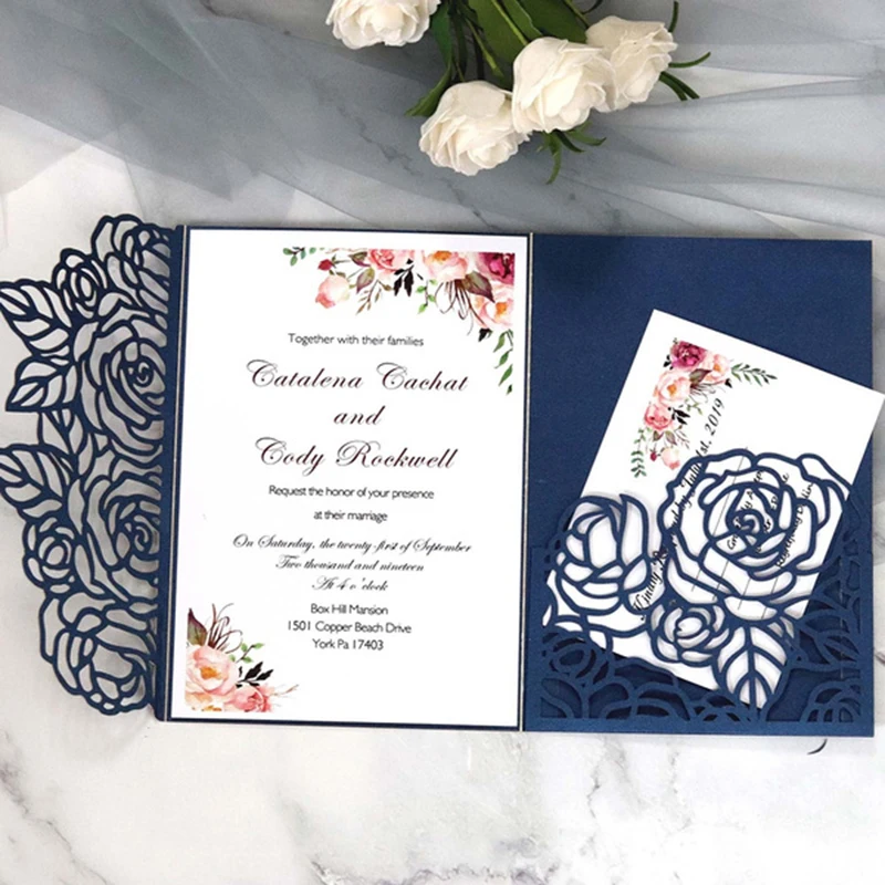 

10pcs Laser Cut Wedding Invitations Card Tri-Folding Business Thank You RSVP Cards Mariage Birthday Party Invite Holder Supplies