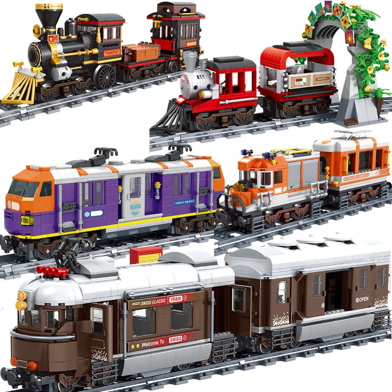 DIY City Classic Hot Steam Train Rail Tracks Building Blocks High-Tech Railway Carriage Train Station Brick Toys for Children