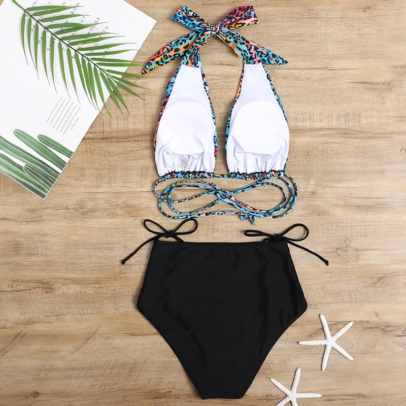 

Sexy halter bikini swimsuit ladies 2021 summer new tether hanging neck swimsuit suit leopard print sports swimsuit beachwear