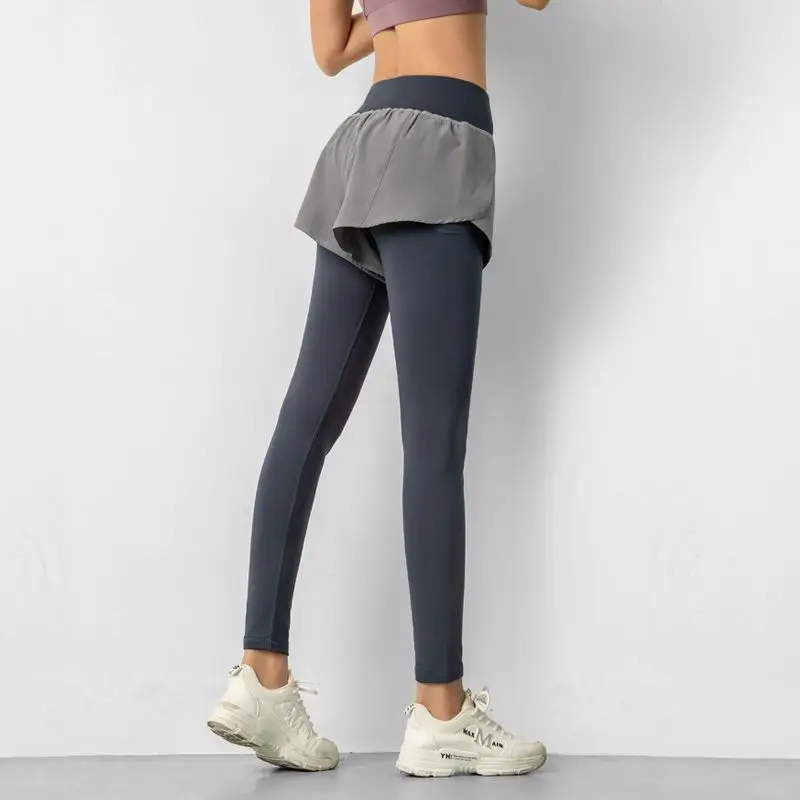 

Women Fitness Pants Fake Two-Piece Tight-Fitting High-Stretch Outerwear Running Quick-Drying Breathable Thin Gym Yoga Sweatpants