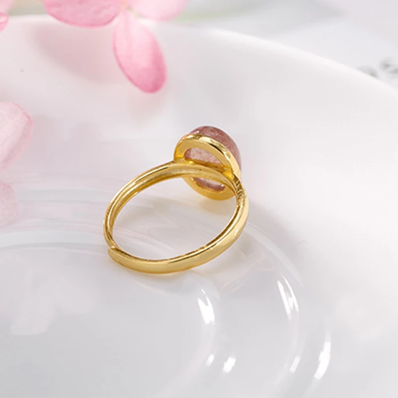 Кольца, 925 пробы, серебро, натуральный клубничный кварц, розовые бусины, кольцо с золотым покрытием для женщин, подарок, хорошее ювелирное изделие, регулируемое