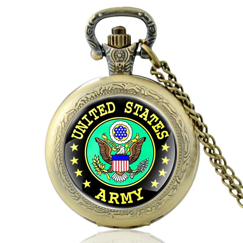 

United States USA Emblem Army Design Vintage Quartz Pocket Watch Men Women Glass Dome Pendant Necklace Hours Chain Clock Gifts