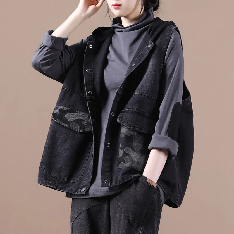 

Female new autumn plus size literary camouflage pocket stitching hooded loose distressed denim vest