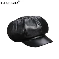 la spezia black newsboy cap women genuine leather caps casual octagonal hat sheepskin natural leather female luxury caps autumn