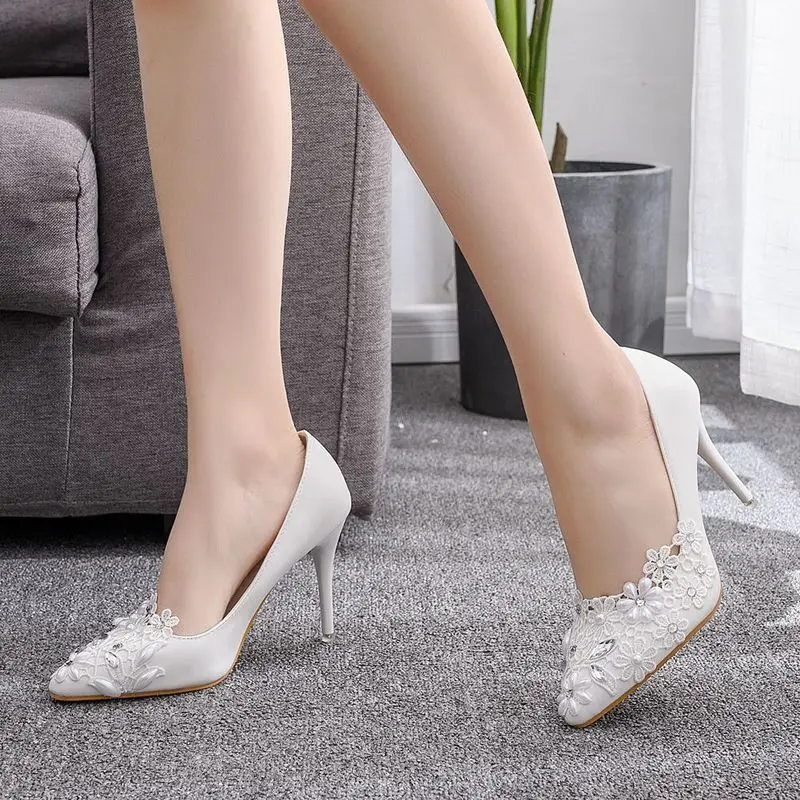 Fashion women thin high heels sexy party shoes women pumps wedding banquet Lace PU Rhinestones Slip On 9.5CM Pointed Toe white
