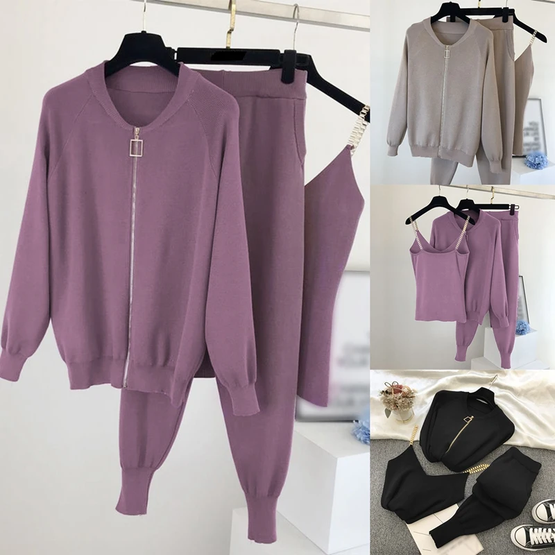 

Женские осень-зима вязаный жилет на молнии кардиганы брюки, комплекты из 3 предметов, наряд, костюм