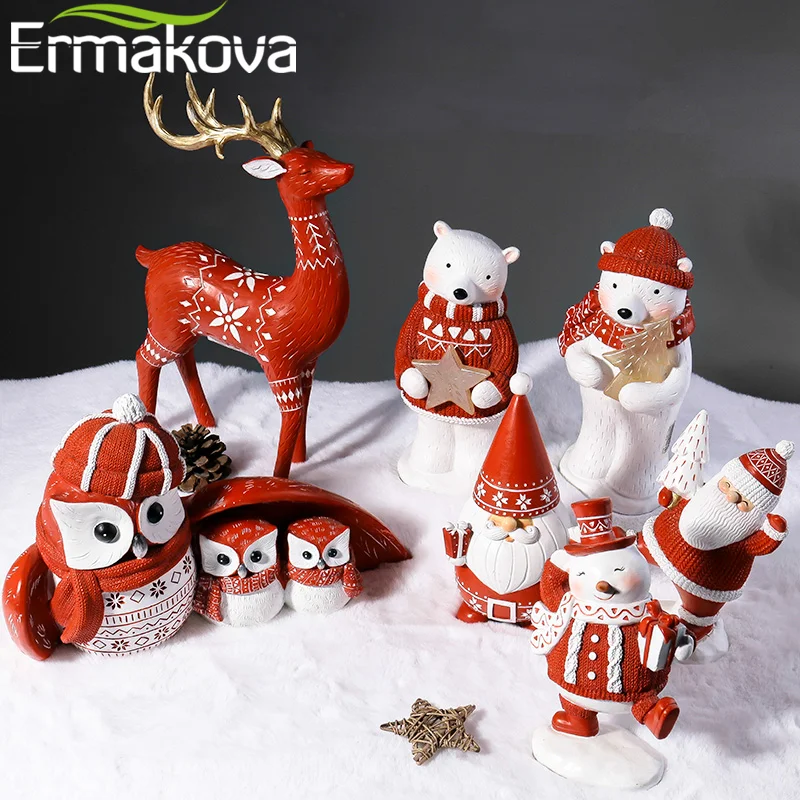

ERMAKOVA Christmas Decor Gift Home Animal Statue Creative Deer Snowman Santa Claus Desktop Window Decoration Resin Sculpture