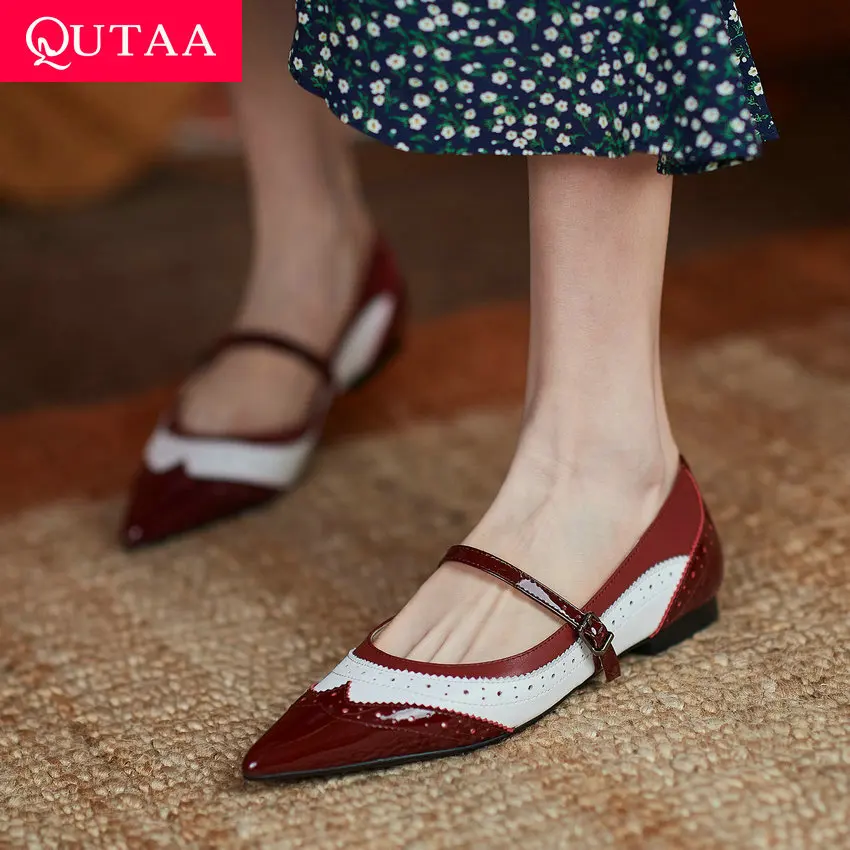 

QUTAA 2021 Spring Autumn Flat Heels Pointed Toe Buckle Women Flats Shoes Mixed Color Genuine Leather Female Shoes Size 34-40