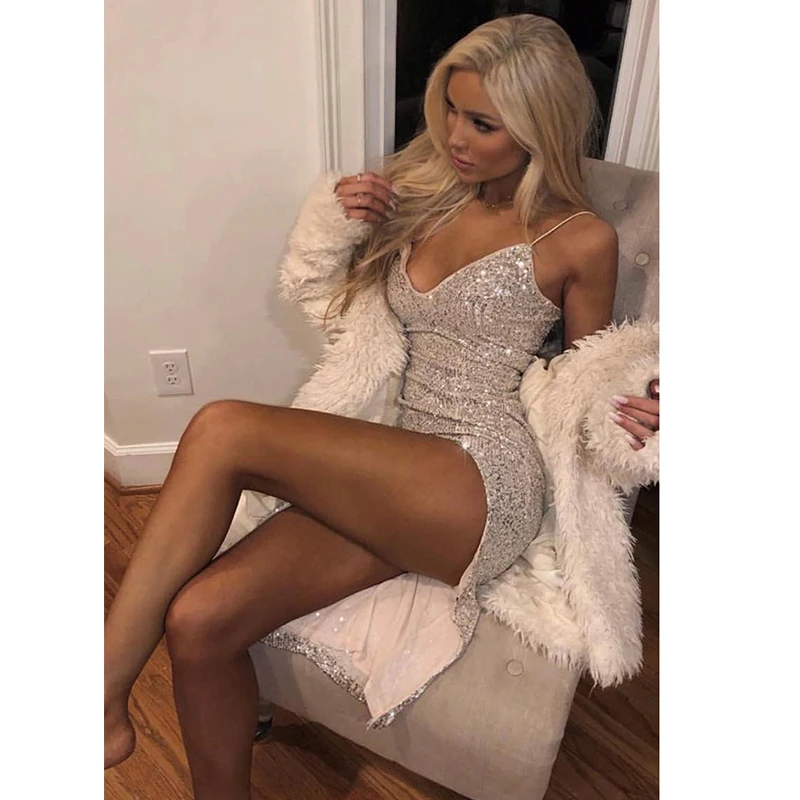 

Sexy Prom Dresse V-Neck Sequined Dresses Women Party Night K132 2020 Elegant Split Robe De Soire Silver Sling Backless Prom Gown