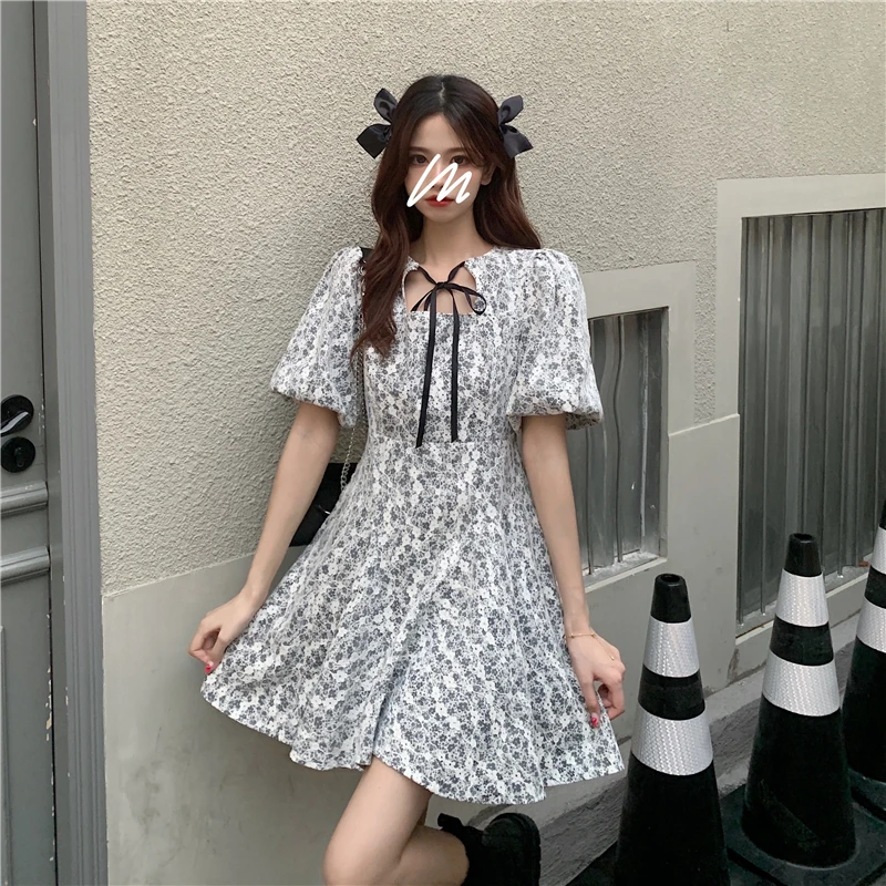 

Summer Dress Women Short Lantern Sleeve Floral Printed Party Mini Dresses O-neck Drawstring Sexy Vestidos Beach Sundress