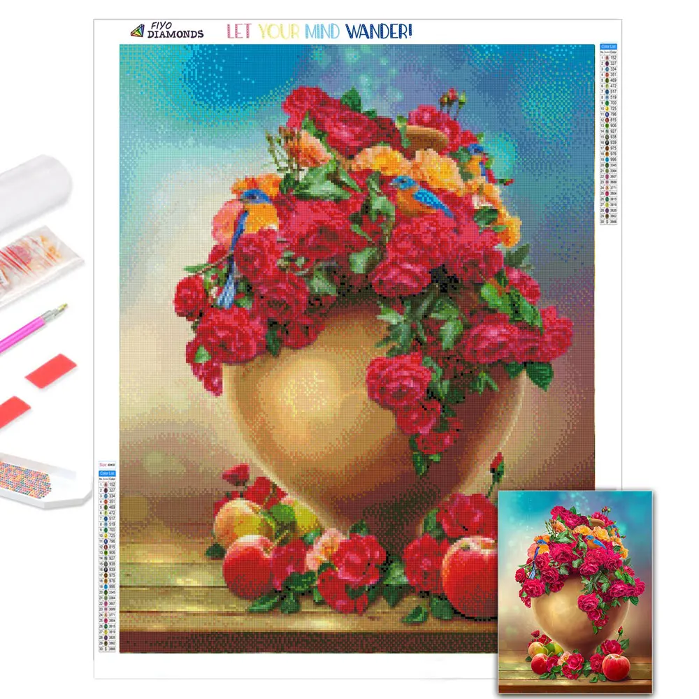 

Алмазная живопись 5D горшок Сделай Сам of Roses Flower, Алмазная мозаика, вышивка с рамкой, наборы для вышивки крестиком, домашний декор, ручная рабо...