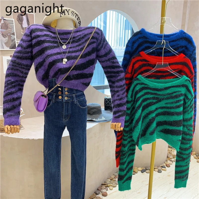 

Gaganight женский ретро полосатый укороченный свитер модные корейские женские шикарные пуловеры с круглым вырезом Осень Зима 2021 Новое поступле...