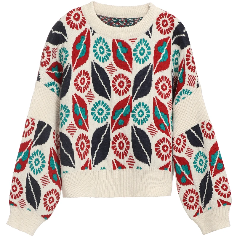 KINOMI Women's Pullover Sweaters Autumn Winter Vintage Leaf Printed O-Neck Long Sleeve Loose Sweater Top 2019 New Blue Christmas | Женская