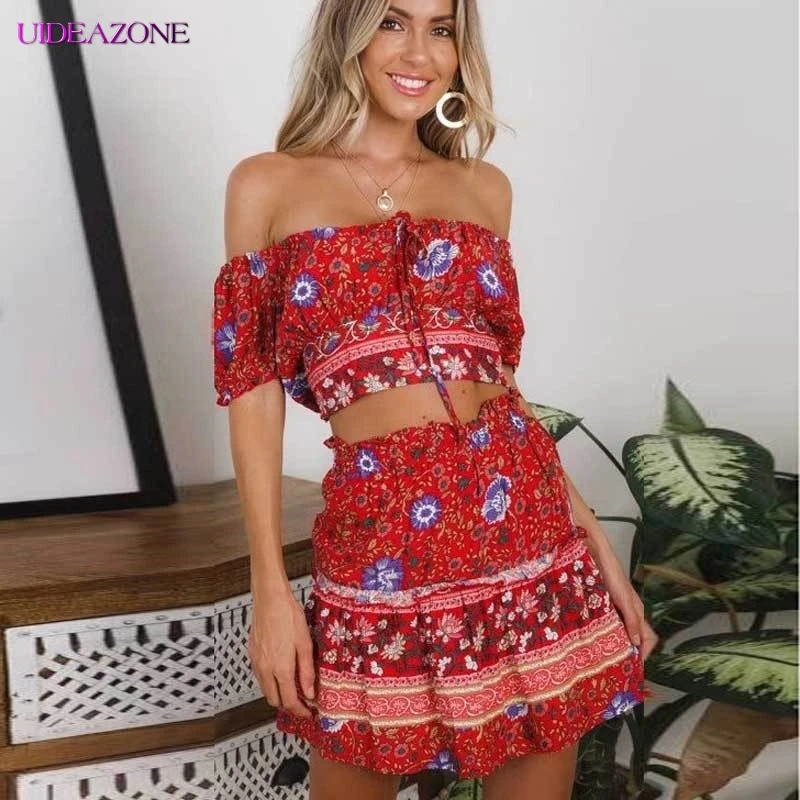 UIDEAZONE Boho Print Women 2Pcs Set Bohemian Square Collar Crop Top Mini Skirt Suits Vintage Ethnic Femme Summer 2 Piece | Женская