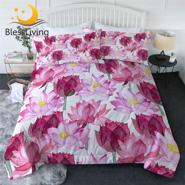 BlessLiving Lotus Summer Quilt Set Pink Flower Cool Blanket with Pillow Covers Floral Home Textiles Watercolor Bed Set Dropship 1