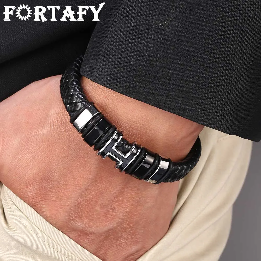 FORTAFY Genuine Braided Leather Bracelet for Men Stainless Steel Magnet Clasp H Charm Woven Bangle Trendy Male Jewelry FR0977