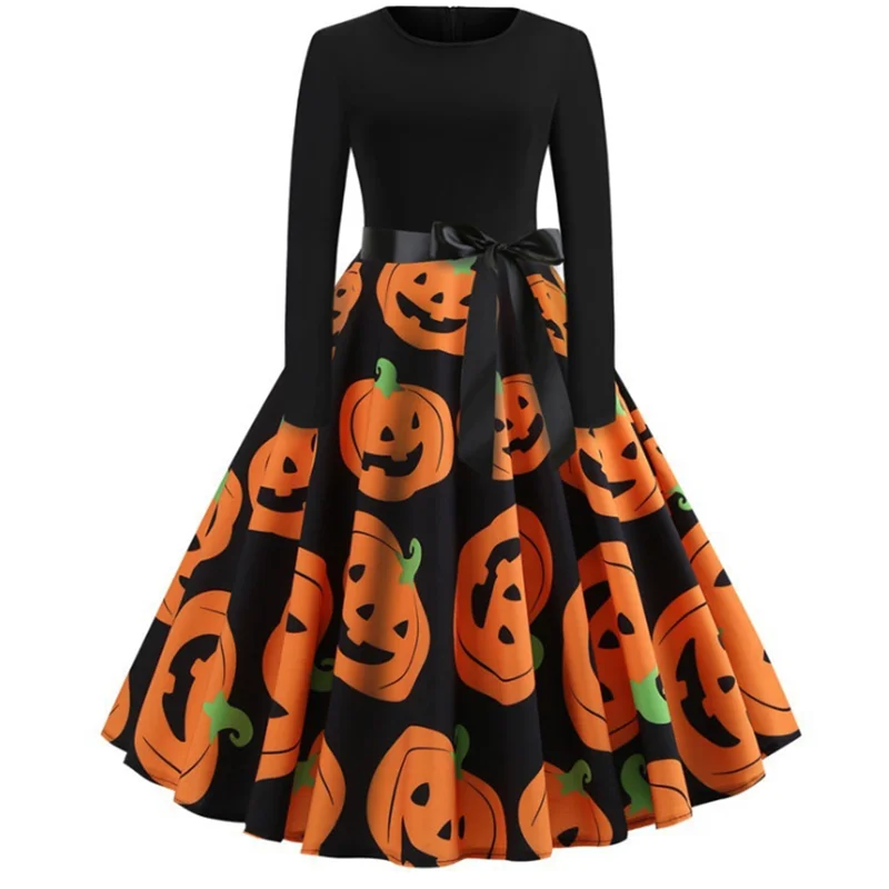 

Autumn Halloween Party Dress Witch Cosplay Adult Women Clothing Halloween Festival Bucktooth Printed Casual Long Sleeve Dress