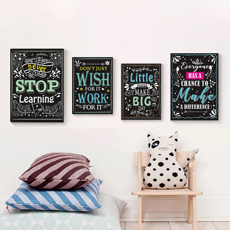 

Blackboard English Inspirational Poster Prints Silk Cloth Cartoon Letters Quotes School Classroom Study Wall Home Decor Photos
