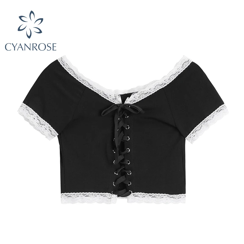 

Harajuku Punk Black Lace Up Tees Crop Top Woman 2021 Summer Casual Bodycon Sexy Lace Low Chest Party Streetwear T-Shirt Female