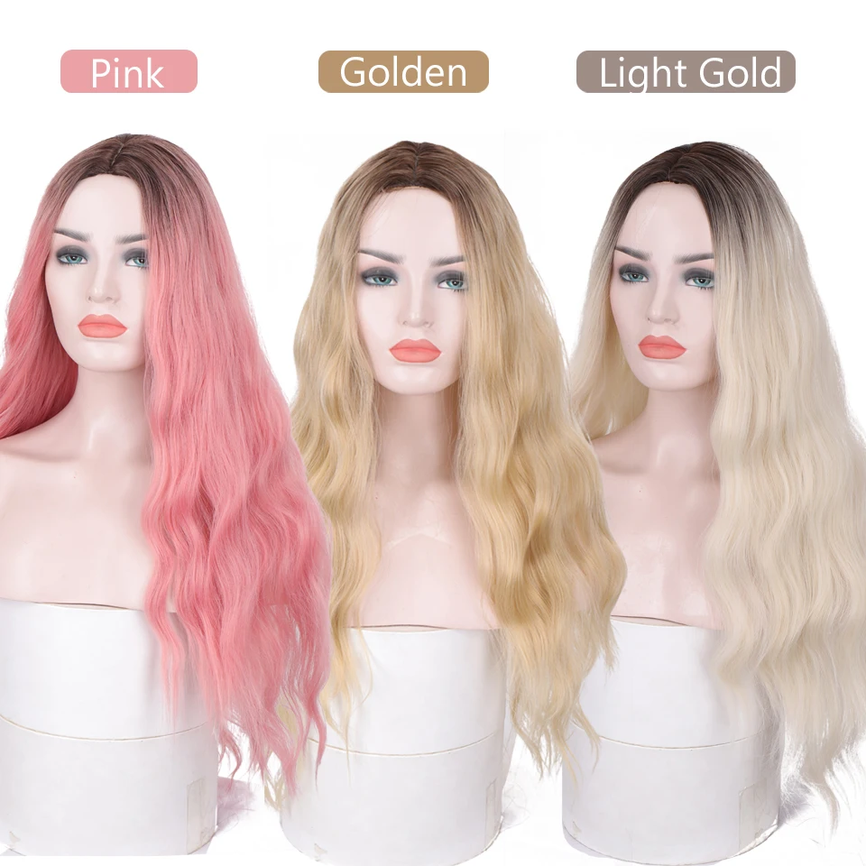 

HUAYA Long Natural Wavy Womens Wig Middle part Ombre Synthetic Wigs Pink/Blonde/Black Wigs for Women Heat Resistant