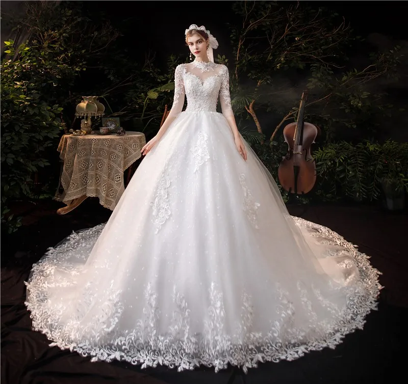 Роскошные кружева аппликация длинный и длинным подолом свадебные платья с