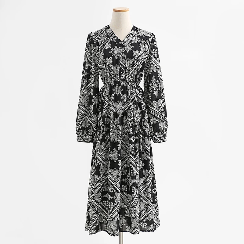 

Elegant Vintage Flower Print Long Dress Women's V Neck Lantern Sleeve Drawstring Waist A Line Autumn Spring Casual Dress S11111