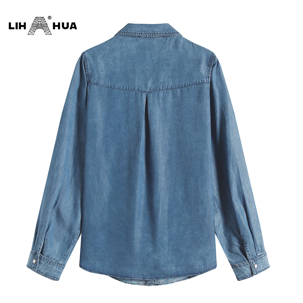 

LIH HUA Women's Plus Size Cotton Woven Denim Shirt Button Up Long Sleeve Turn-Down Collar Female Casual Blouse Lady Fashion