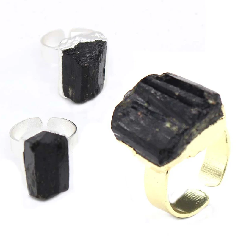 

Natural Black Tourmaline Stone Finger Rings Men Plating Irregular Resizable Unique Ring for Women Party Jewelry Gift