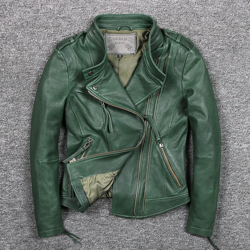Womens Genuine Leather Jacket Real Sheepskin Motorcycle Jackets Coats Casual Slim Green Autumn Winter jaqueta de couro Clothes