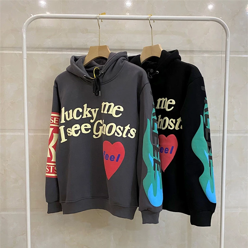 

Streetwear 3D Foam print Lucky me l see ghosts Hoodie Kanye West Autumn Winter Cotton Kids See Ghost Red Heart Feel Sweatshirts