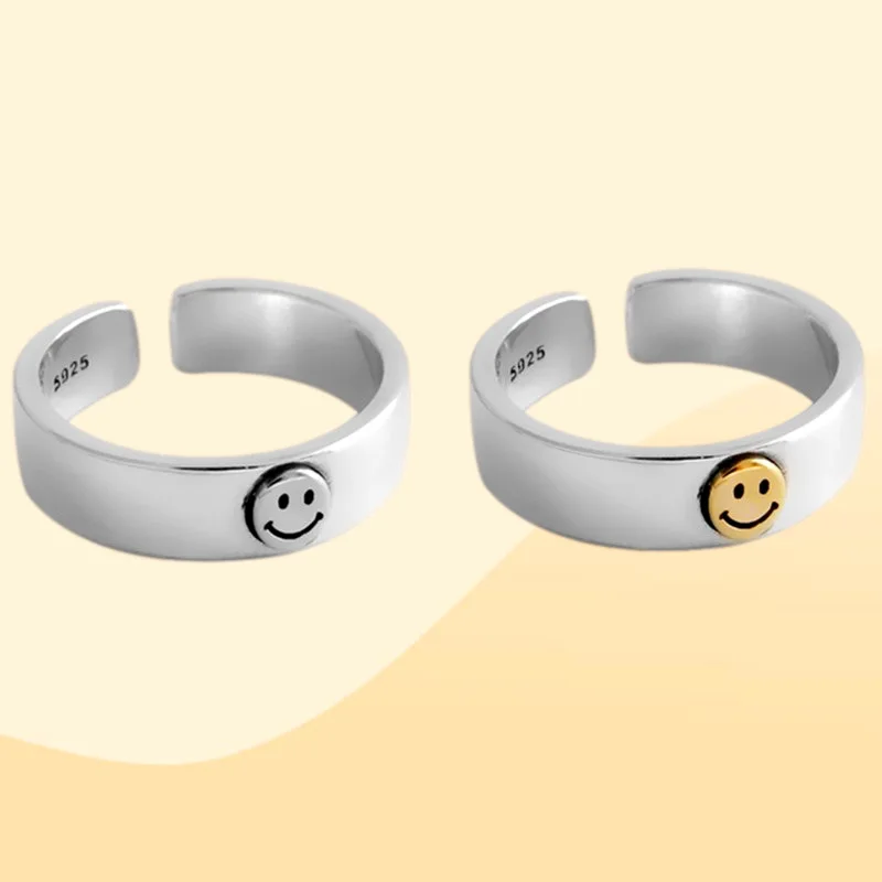 

Vintage Ancient Silver Color Happy Round Smile Face Open Rings Women Simple Cute Geometric Smiley Faces Adjustable Jewelry