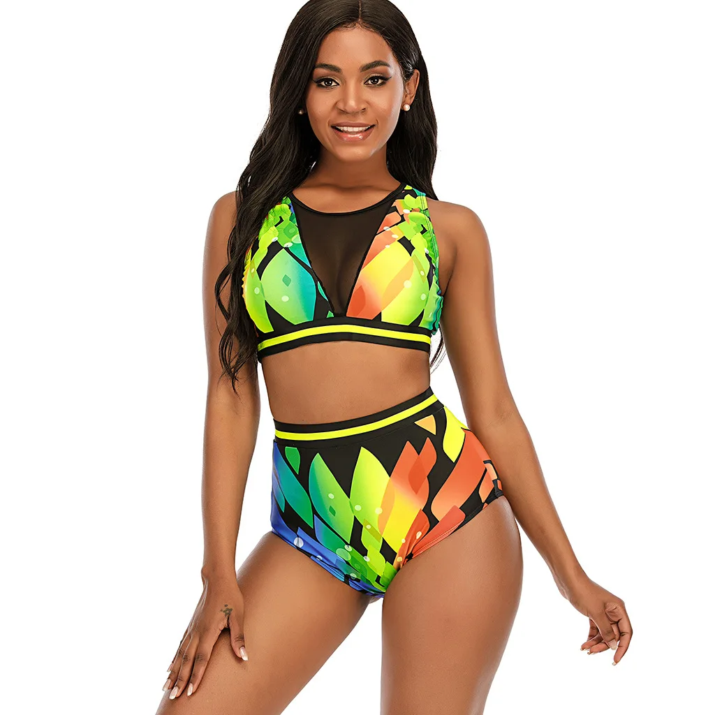 

2021 New High Waist Bikini Women's Colorfull Swimwear Sexy Suit Two Piece Swimsuit Print Bodysuit Wear Swimming Bathing Suit