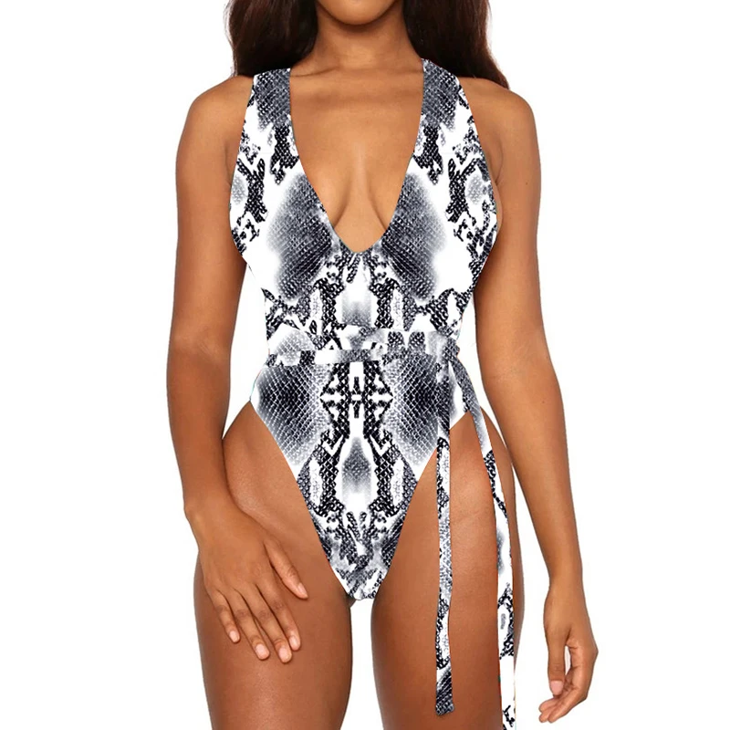 Цельный купальник со змеиным принтом женская одежда для плавания открытая спина