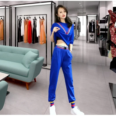 

European Station Knit Pants 2 Piece Sets For Women Ice Silk Knitted Tracksuit Blue Womens Matching Set Top&pants Set
