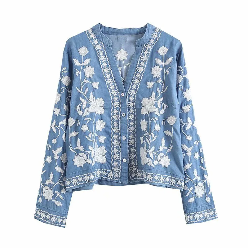 

women denim cardigan blouse poncho embroidery drop-shoulder kimono blouse button up jeans kimono soft summer spring blouse