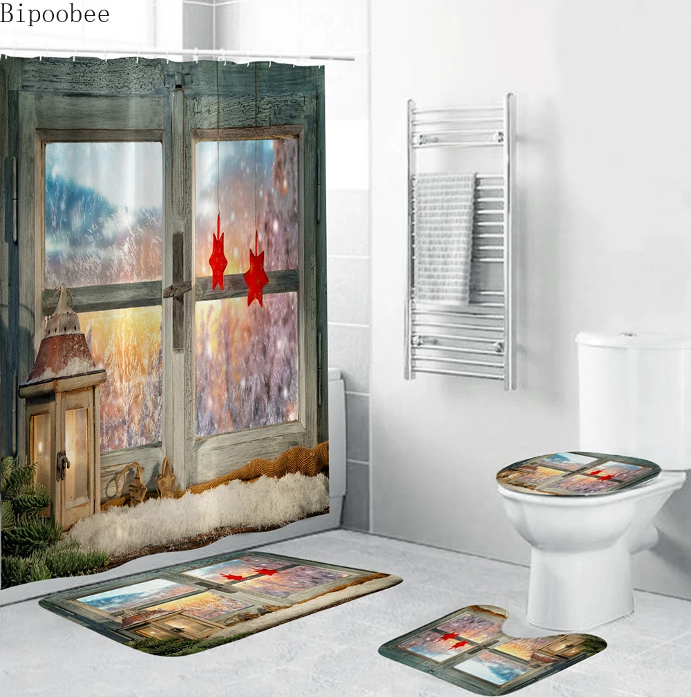 

Bipoobee Merry Christmas Shower Curtain 3d Windows Bathroom Curtains Set Bath Non-slip Carpets Toilet Seat Cover Floor Mat