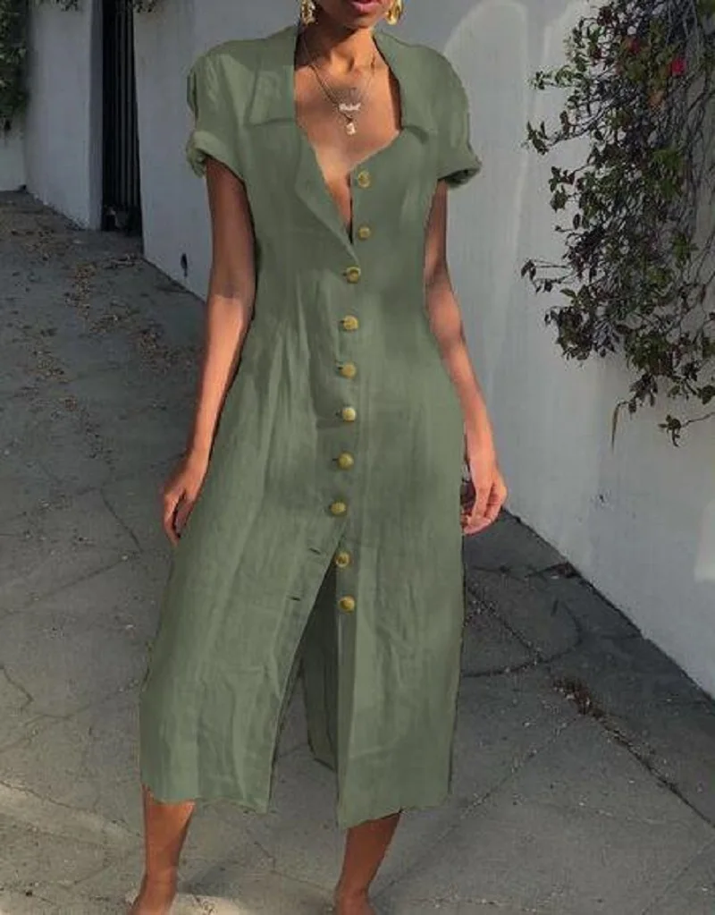 Женское летнее однотонное платье-рубашка макси с коротким рукавом и отложным