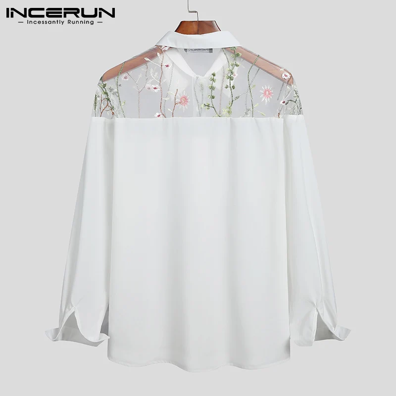 Fashion Men Shirt Mesh Patchwork 2022 See Through Lapel Long Sleeve Party Nightclub Shirts Embroidered Streetwear Camisa INCERUN