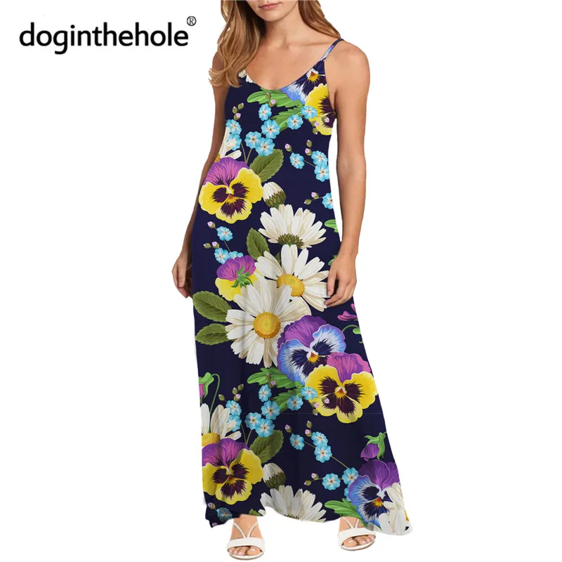 Pansies and Camomiles Floral Printed Women Maxi Dress Summer Backless Slip Dress Loose Home Clothing Sleeveless Bohemian Style